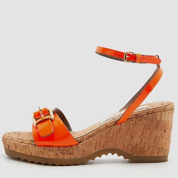 Stella McCartney- Neon Faux Patent Leather Orange Ankle Strap Cork Wedge Herls - Picture 1 of 5